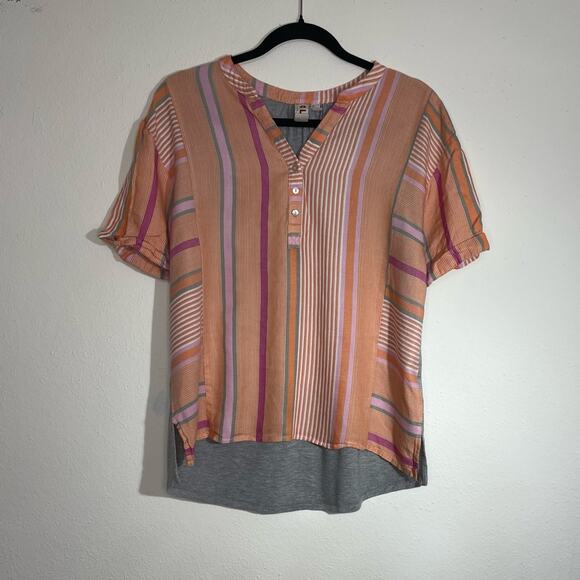 DOLAN Hi-Lo Cut Striped Short Sleeve Linen Blend Shirt Size Small - Picture 1 of 8
